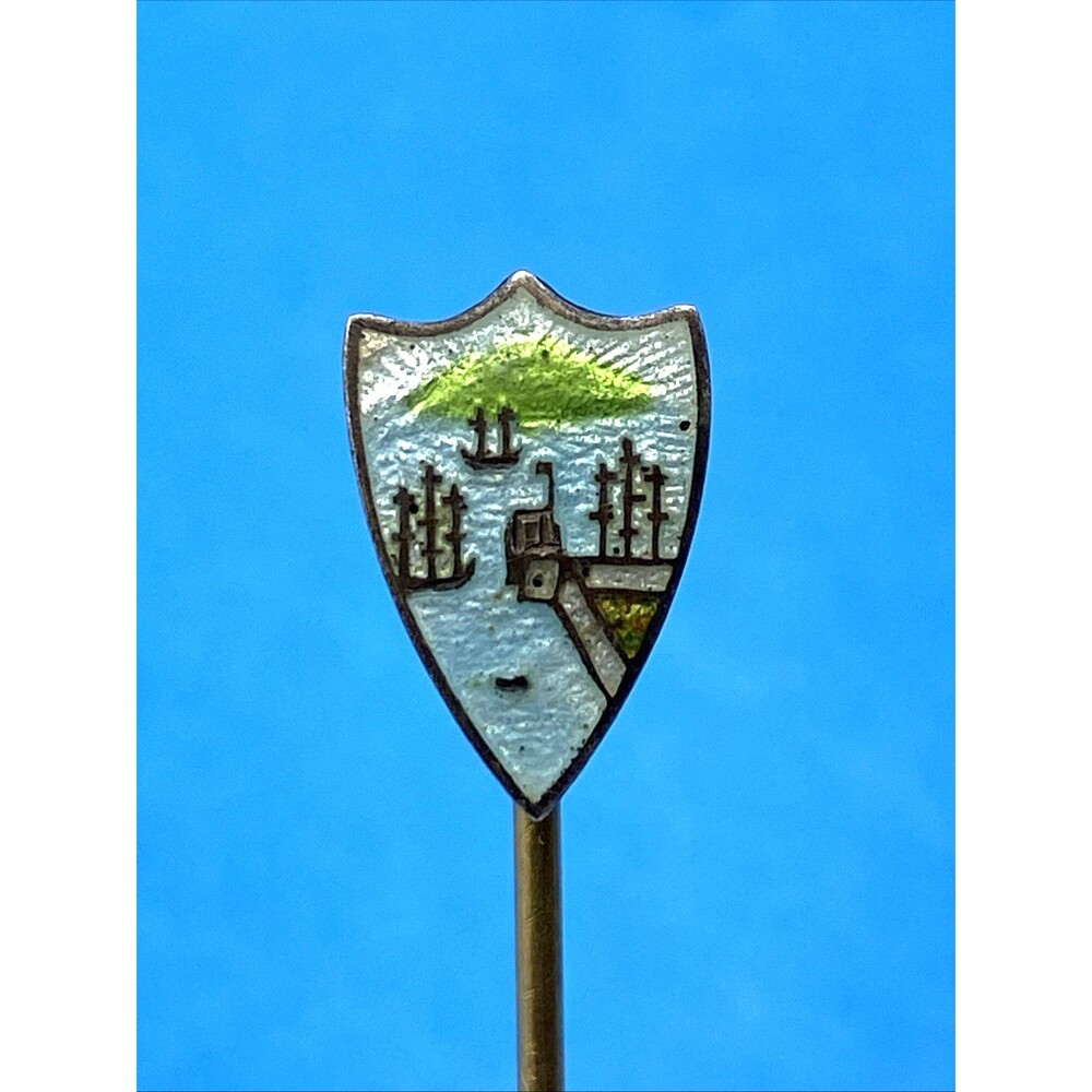Ships & Sunset - Antique Guilloche Enamel & Sterling Silver Stick Pin